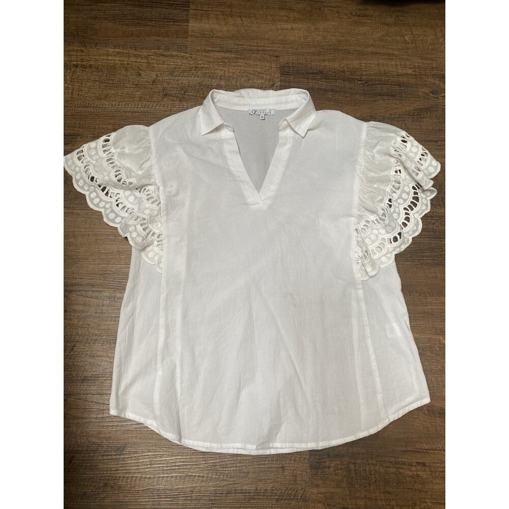 Cezele Short Sleeve Lace White Shirt Ruffle WHBM Fairy Glam Preppy Minimalist